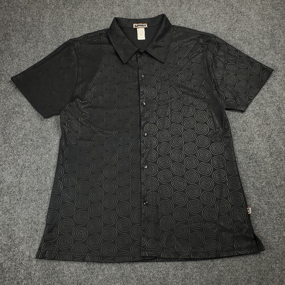 Vintage YMLA Club Shirt Mens Large Short Sleeve Button Up Swirls Rave Black USA